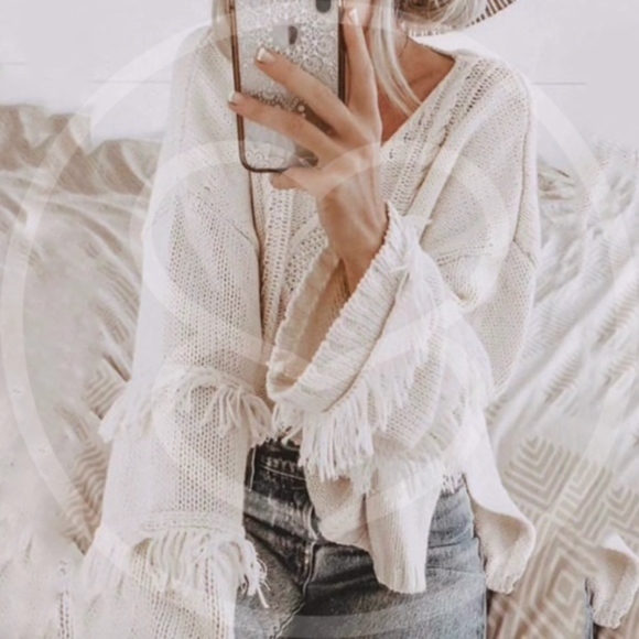 Cozy Cream fringe oversized Sweater Top - Picture 2 of 2